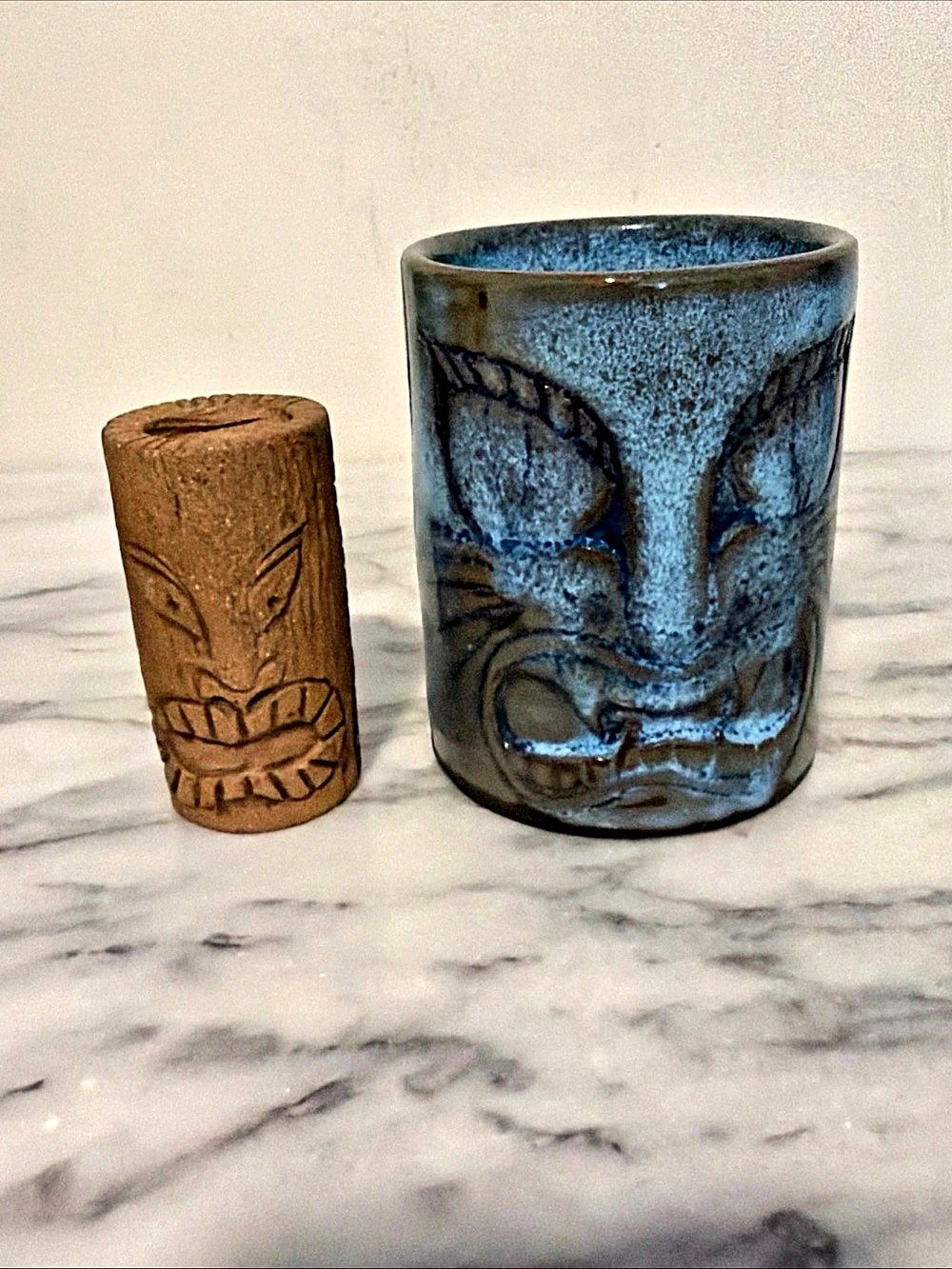 Tiki mug and shot glass Blue & Brown Ceramic Drinkware Set studio pottery by JL